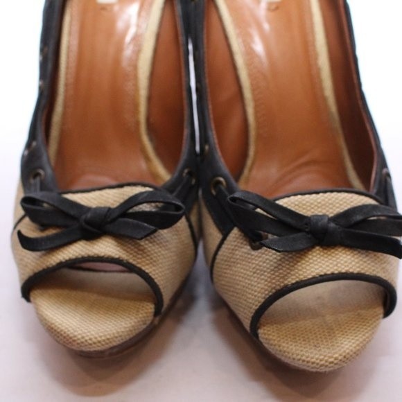 ZARA Peep Toe Canvas Pumps Heels Navy Cream Nautical Style Vintage Sz 37 US 6.5 - Picture 14 of 14